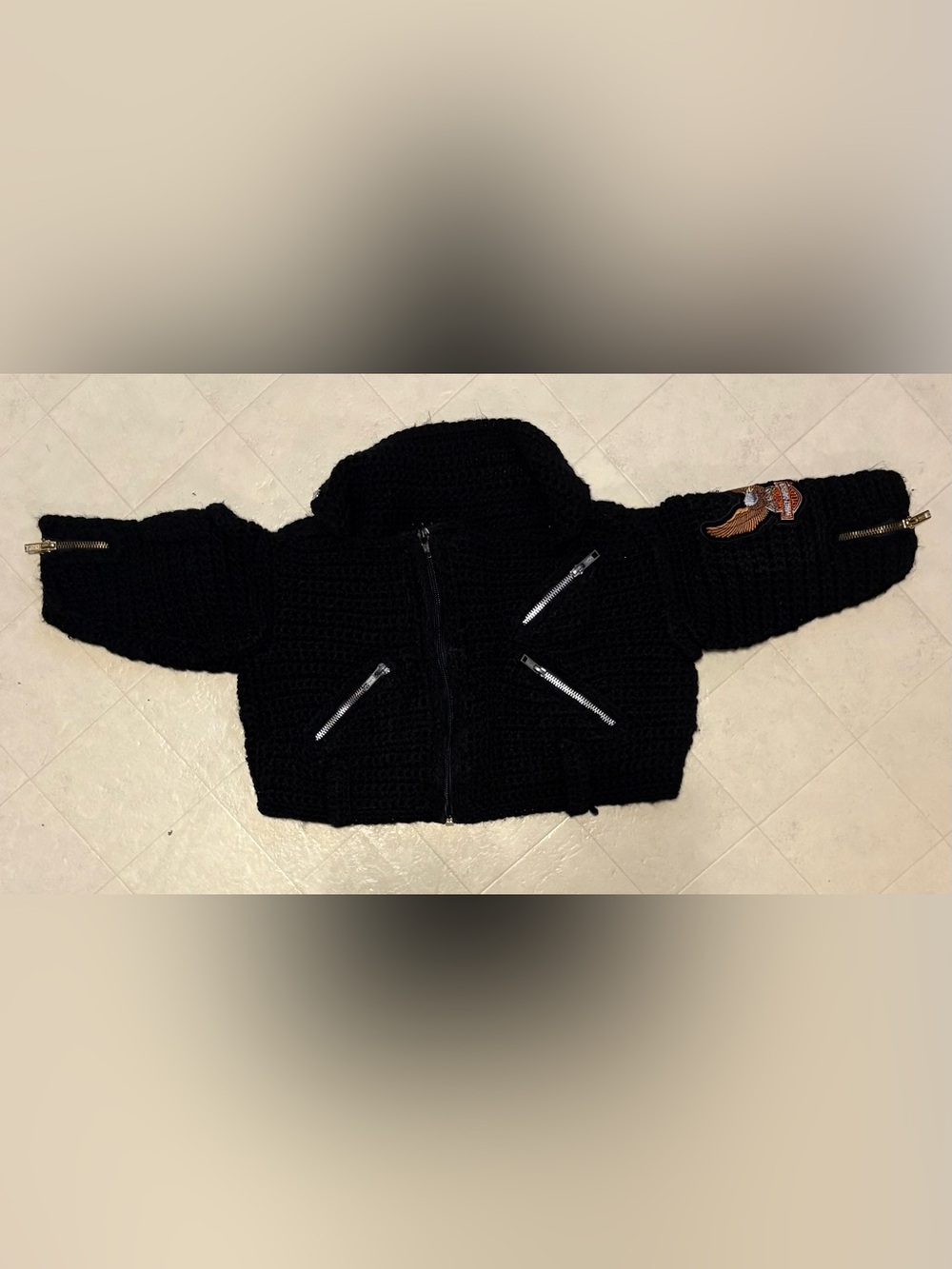 Black Chunky Knit Zip Jacket with Silver Zippers and Harley Davidson Patches